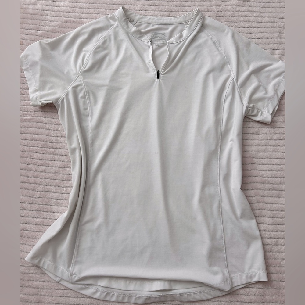 White athletic golf shirt w/ no collar